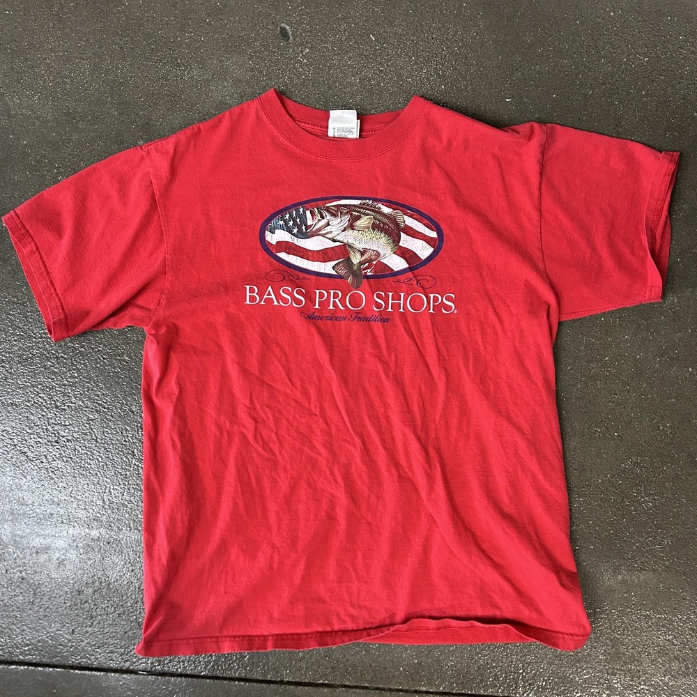 Bass Pro Shops Shirt Mens Large American Flag Fish Outdoor Graphic Tee T-Shirt